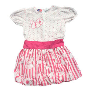 '80s Youth White and Pink Flower and Polka Dot Dress with Sash Tie Belt